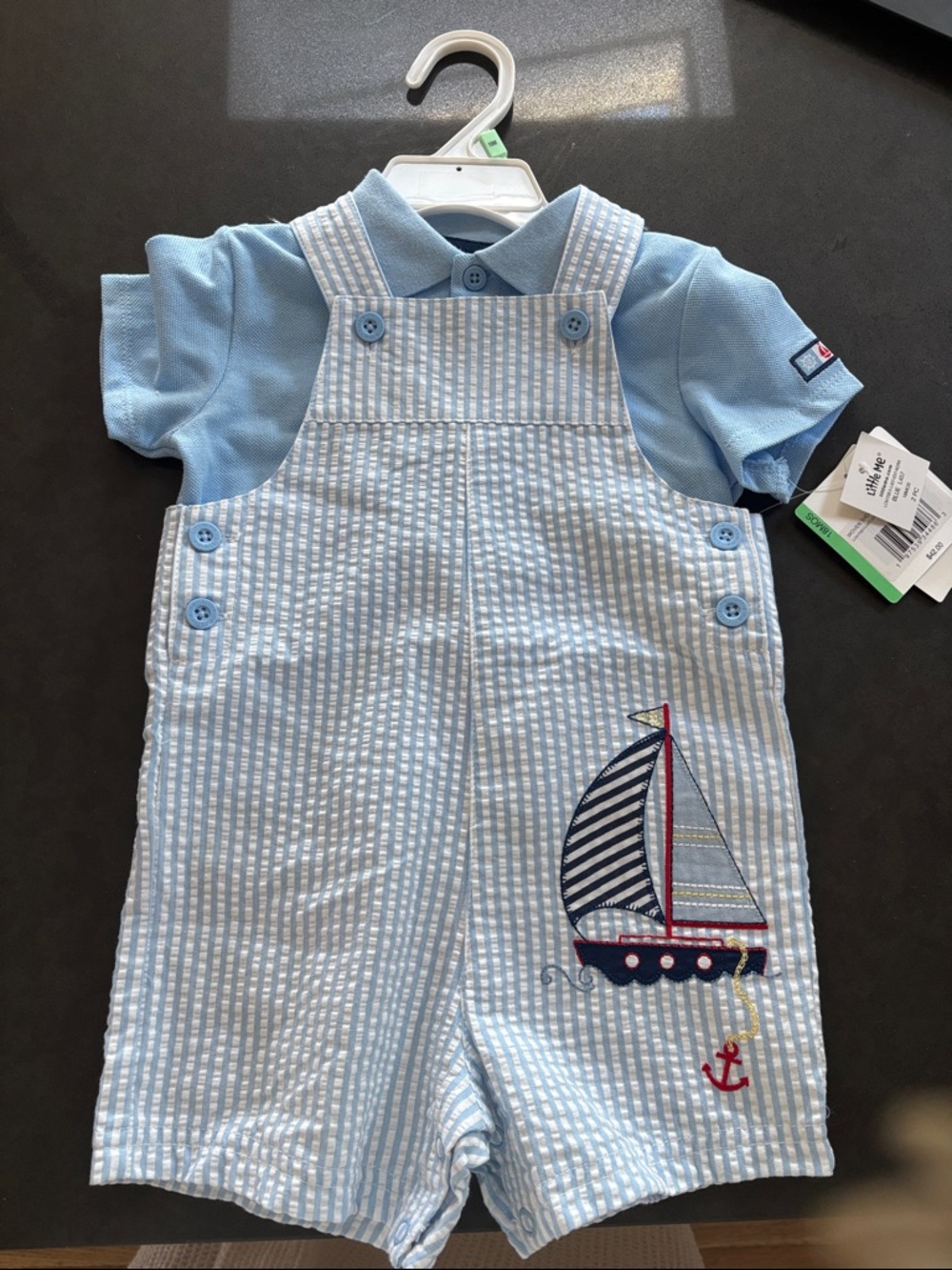 Blue Seersucker Sailboat Embroidered Baby Romper